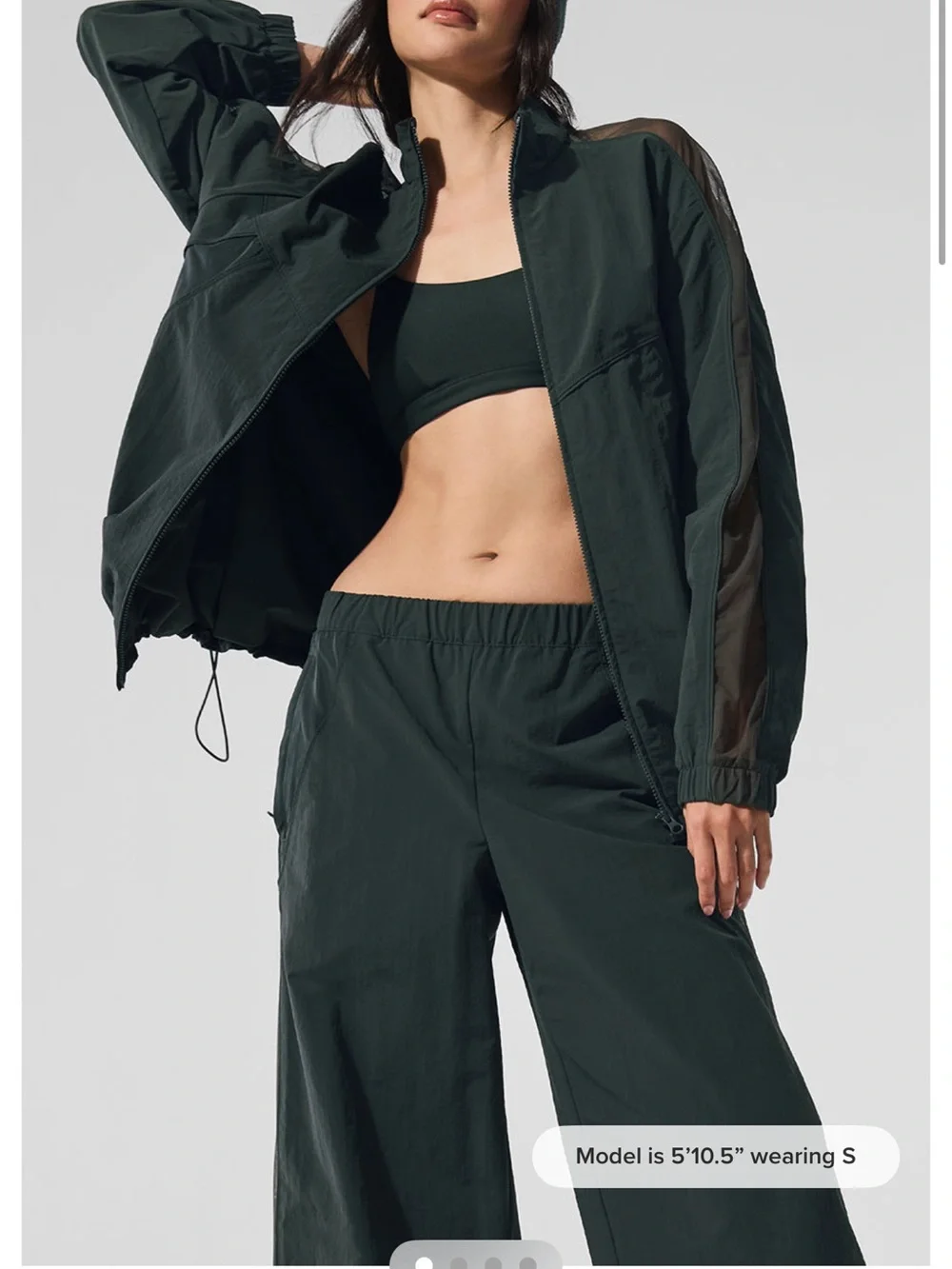 ALO Yoga Women's Origin Jacket in Charcoal Green with Sheer Sleeves